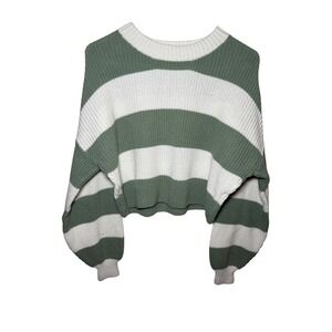 Hollister Women's Large Knit Striped Cropped Green White Sweater